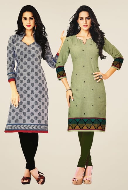 Salwar Studio Grey & Olive Kurtis (Pack Of 2) Salwar Studio Grey & Olive Kurtis (Pack Of 2)
