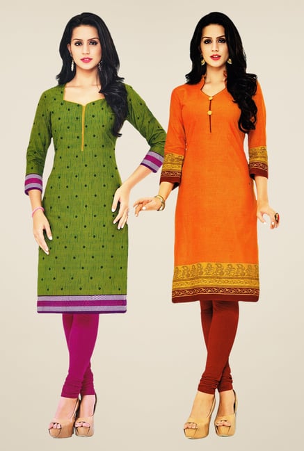 Salwar Studio Green & Orange Kurtis (Pack Of 2) Salwar Studio Green & Orange Kurtis (Pack Of 2)