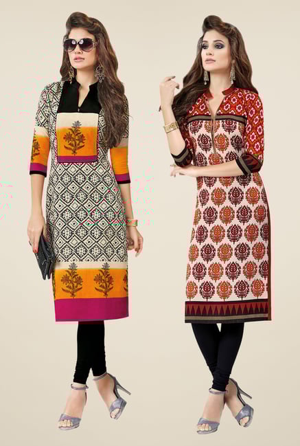Salwar Studio Cream & Red Kurtis (Pack Of 2) Salwar Studio Cream & Red Kurtis (Pack Of 2)