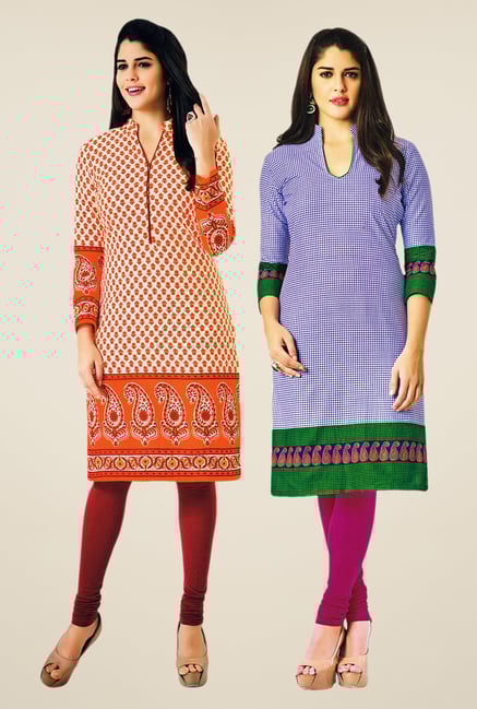 Salwar Studio Orange & Blue Kurtis (Pack Of 2) Salwar Studio Orange & Blue Kurtis (Pack Of 2)
