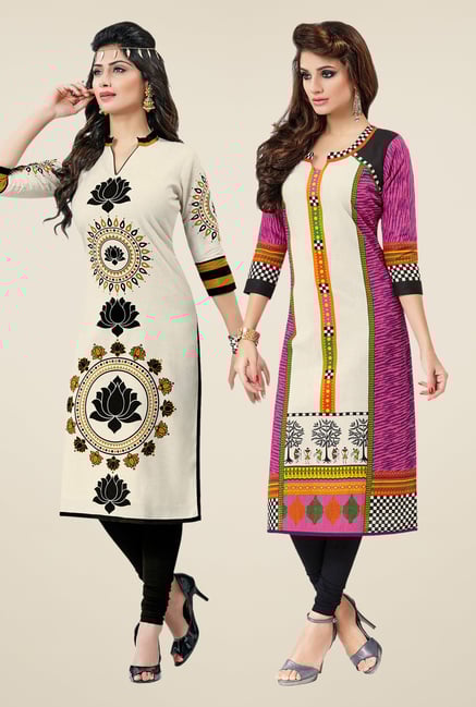 Salwar Studio Cream & Pink Kurtis (Pack Of 2) Salwar Studio Cream & Pink Kurtis (Pack Of 2)
