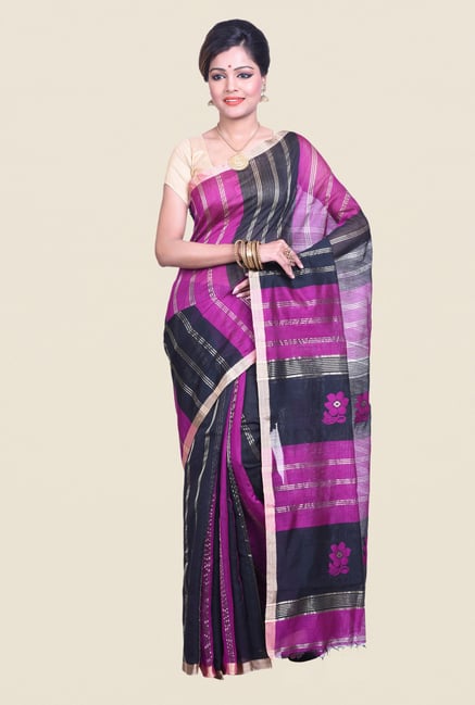 Bengal Handloom Striped Purple Cotton Silk Saree Bengal Handloom Striped Purple Cotton Silk Saree