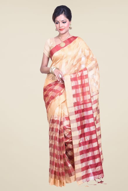 Bengal Handloom Beige & Red Cotton Silk Saree Bengal Handloom Beige & Red Cotton Silk Saree