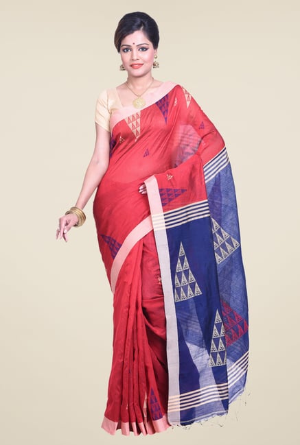 Bengal Handloom Red & Blue Cotton Silk Saree Bengal Handloom Red & Blue Cotton Silk Saree