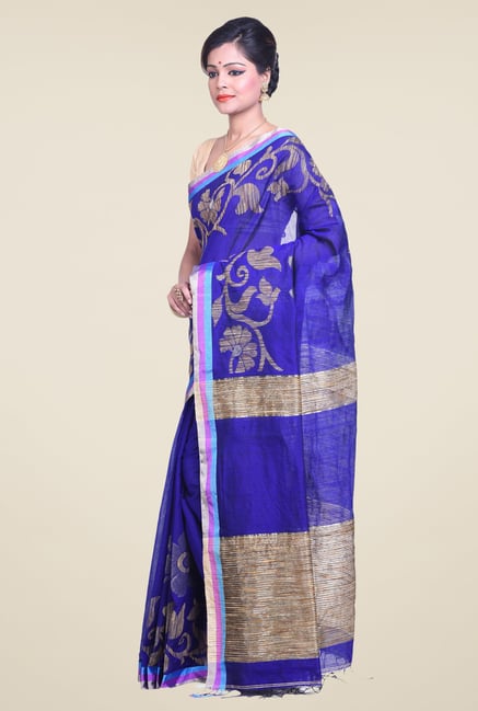 Bengal Handloom Floral Blue Cotton Silk Saree Bengal Handloom Floral Blue Cotton Silk Saree