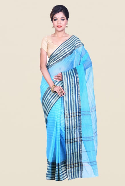 Bengal Handloom Striped Blue Cotton Silk Saree Bengal Handloom Striped Blue Cotton Silk Saree