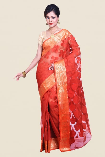 Bengal Handloom Orange Cotton Silk Jamdani Saree Bengal Handloom Orange Cotton Silk Jamdani Saree