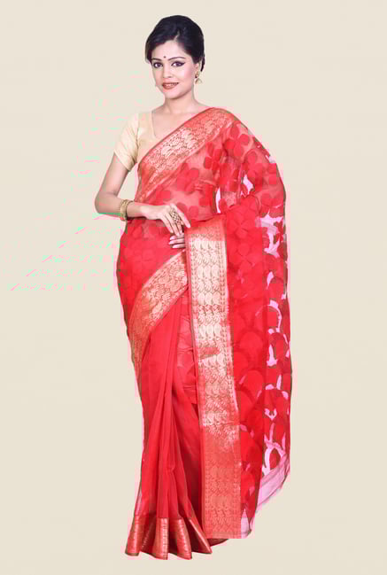 Bengal Handloom Coral Cotton Silk Jamdani Saree Bengal Handloom Coral Cotton Silk Jamdani Saree