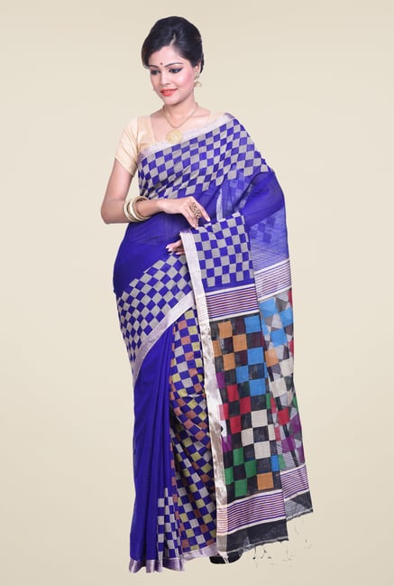 Bengal Handloom Checked Blue Cotton Silk Saree Bengal Handloom Checked Blue Cotton Silk Saree