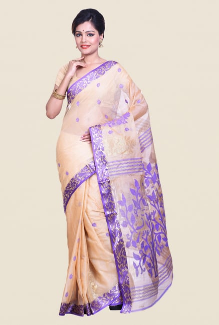 Bengal Handloom Beige & Purple Cotton Tussare Silk Saree Bengal Handloom Beige & Purple Cotton Tussare Silk Saree