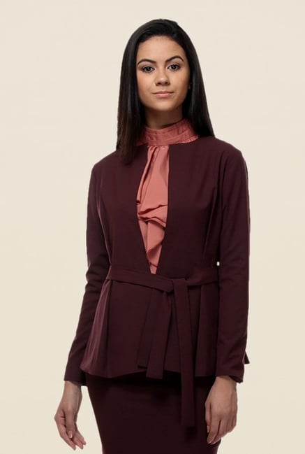 Kaaryah Wine Belted Solid Jacket Kaaryah Wine Belted Solid Jacket