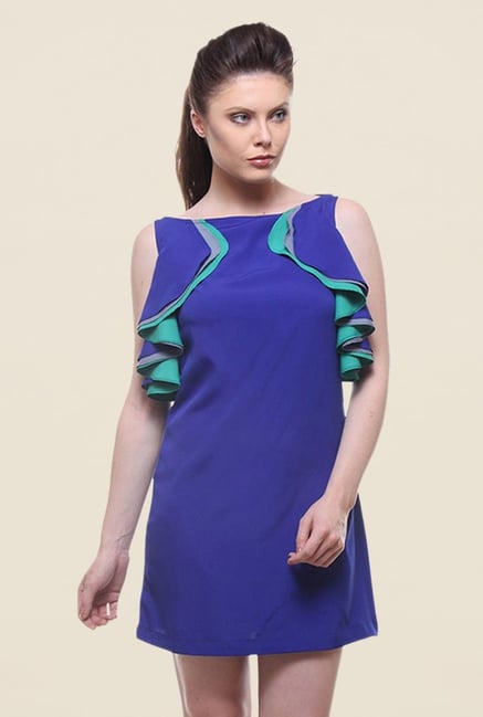 Kaaryah Blue Solid Boat Neck Dress Kaaryah Blue Solid Boat Neck Dress