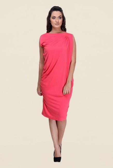 Kaaryah Coral Solid Boat Neck Dress Kaaryah Coral Solid Boat Neck Dress