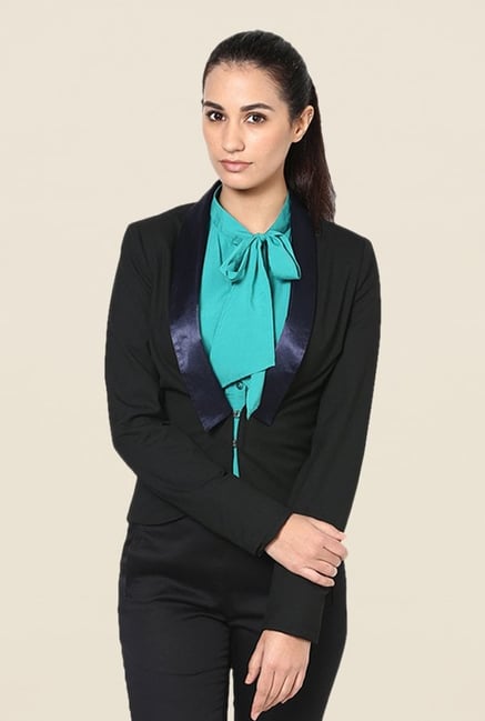Kaaryah Black Satin Lapel Solid Jacket Kaaryah Black Satin Lapel Solid Jacket