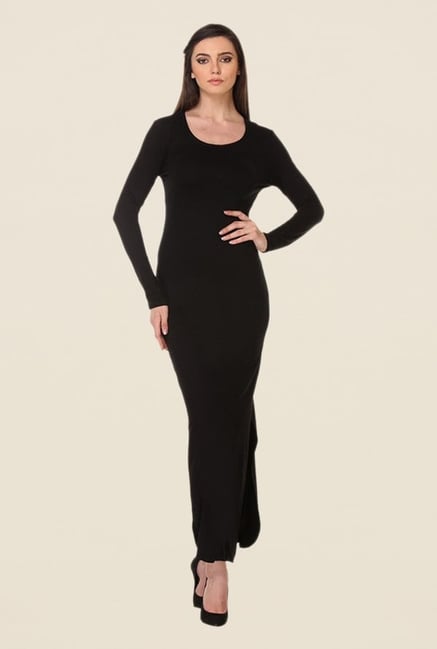 Kaaryah Black Solid Round Neck Dress Kaaryah Black Solid Round Neck Dress