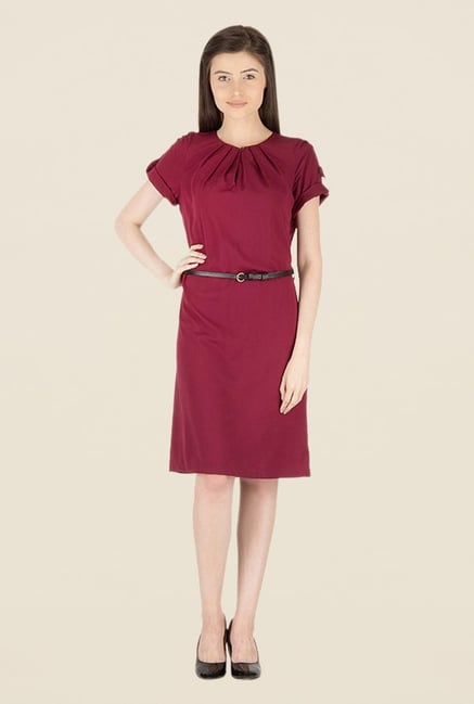 Kaaryah Wine Solid Round Neck Dress Kaaryah Wine Solid Round Neck Dress
