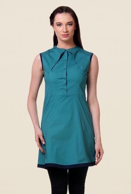 Kaaryah Teal Solid Sleeveless Dress Kaaryah Teal Solid Sleeveless Dress