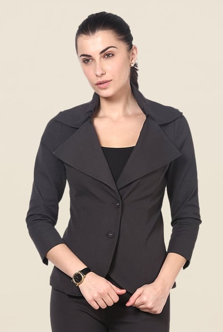 Kaaryah Dark Grey Solid Relaxed Fit Blazer Kaaryah Dark Grey Solid Relaxed Fit Blazer