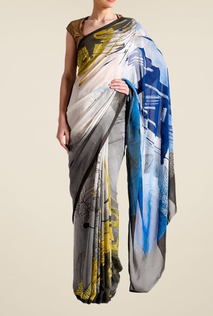 Satya Paul Grey & Blue Crepe Saree Satya Paul Grey & Blue Crepe Saree