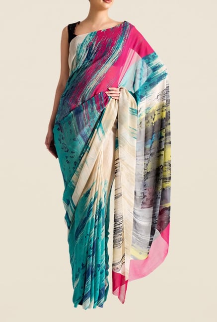 Satya Paul Blue & Beige Super Georgette Saree Satya Paul Blue & Beige Super Georgette Saree