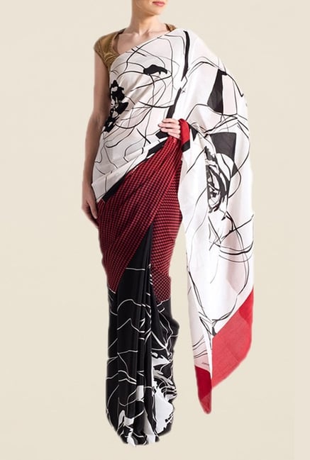 Satya Paul Red & Black Crepe Saree Satya Paul Red & Black Crepe Saree