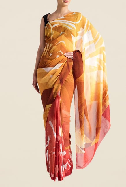 Satya Paul Mustard & Red Crepe Saree Satya Paul Mustard & Red Crepe Saree