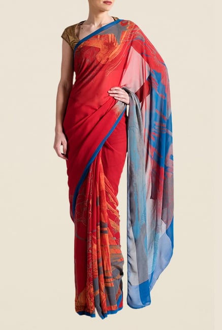 Satya Paul Red & Blue Crepe Saree Satya Paul Red & Blue Crepe Saree