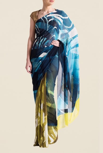 Satya Paul Blue & Olive Crepe Saree Satya Paul Blue & Olive Crepe Saree