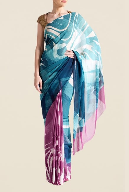 Satya Paul Turquoise & Pink Crepe Saree Satya Paul Turquoise & Pink Crepe Saree