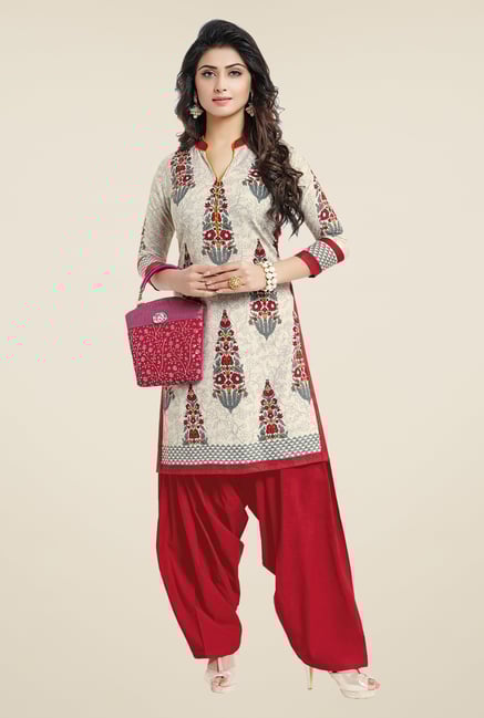 Salwar Studio Cream & Red Floral Print Unstitched Kurti Salwar Studio Cream & Red Floral Print Unstitched Kurti