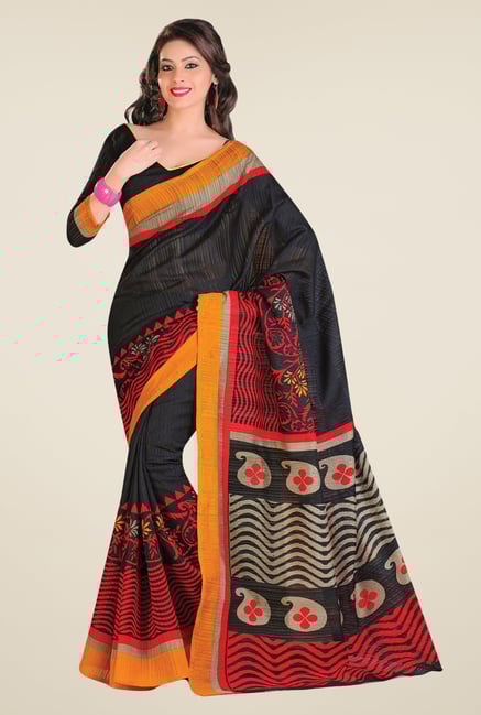 Salwar Studio Black & Red Cotton Blend Paisley Print Saree Salwar Studio Black & Red Cotton Blend Paisley Print Saree