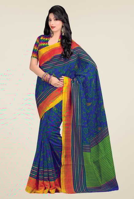 Salwar Studio Blue & Green Cotton Blend Floral Print Saree Salwar Studio Blue & Green Cotton Blend Floral Print Saree
