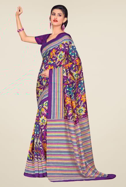 Salwar Studio Purple Cotton Blend Floral Print Saree Salwar Studio Purple Cotton Blend Floral Print Saree