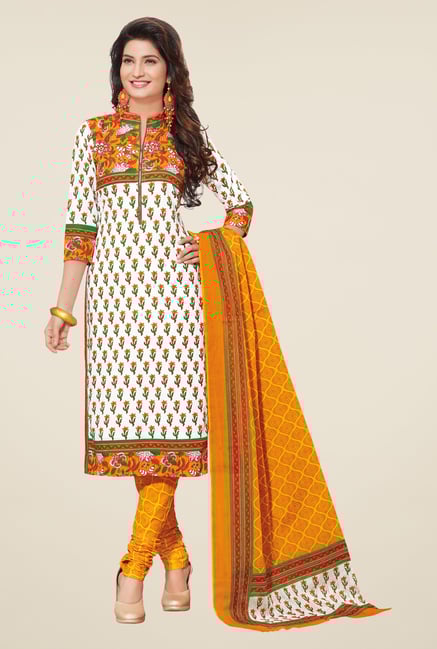 Salwar Studio Off White & Mustard Floral Dress Material Salwar Studio Off White & Mustard Floral Dress Material