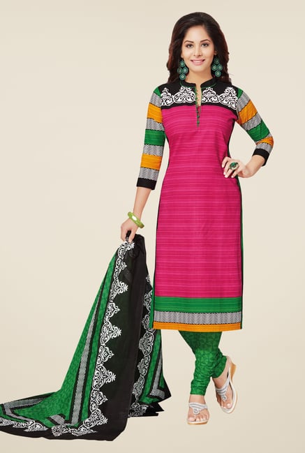 Salwar Studio Pink & Green Cotton Printed Dress Material Salwar Studio Pink & Green Cotton Printed Dress Material