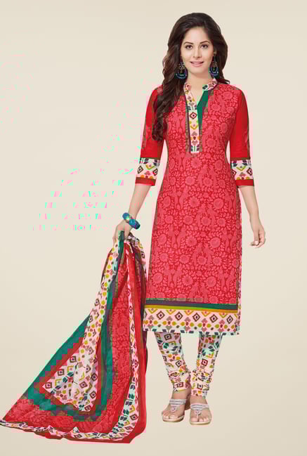 Salwar Studio Coral & White Floral Print Dress Material Salwar Studio Coral & White Floral Print Dress Material