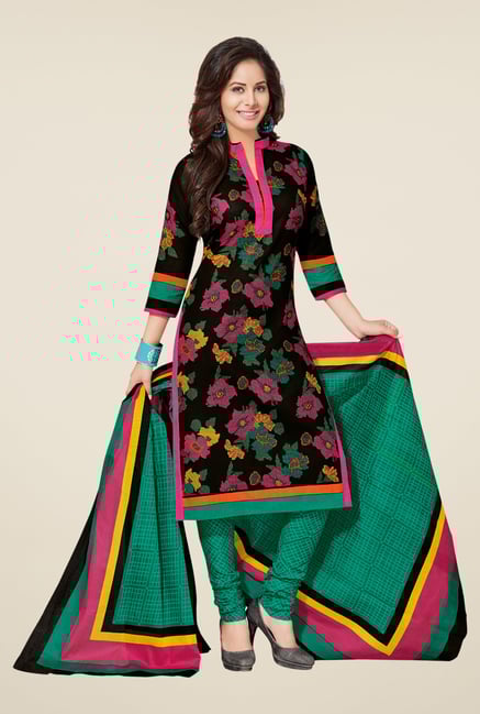 Salwar Studio Black & Green Floral Print Dress Material Salwar Studio Black & Green Floral Print Dress Material
