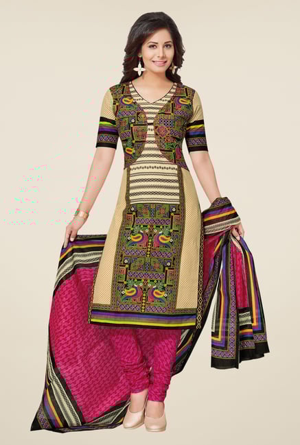 Salwar Studio Beige & Pink Cotton Printed Dress Material Salwar Studio Beige & Pink Cotton Printed Dress Material