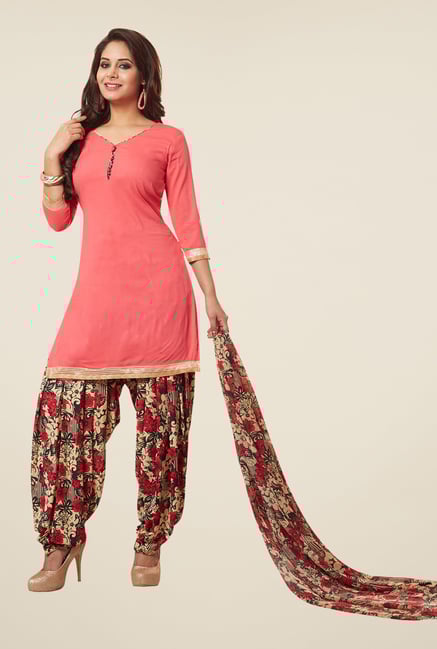 Salwar Studio Peach & Red Synthetic Solid Dress Material Salwar Studio Peach & Red Synthetic Solid Dress Material