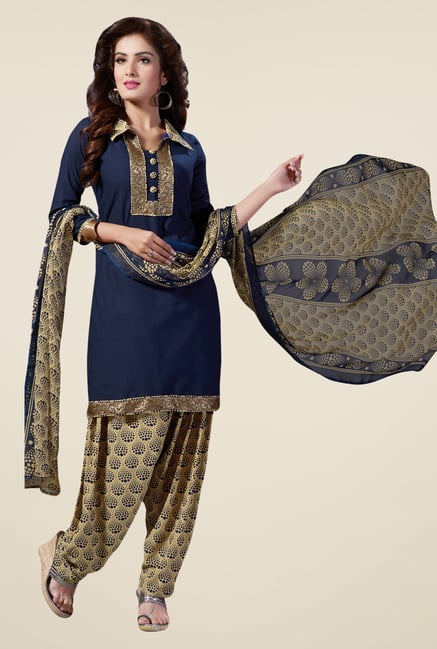 Salwar Studio Navy & Beige Synthetic Solid Dress Material Salwar Studio Navy & Beige Synthetic Solid Dress Material