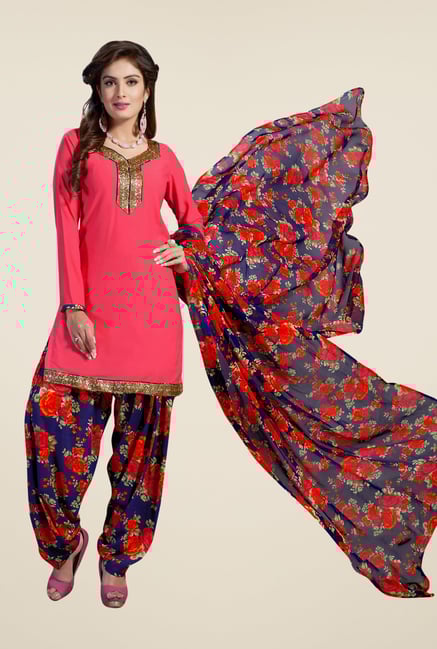 Salwar Studio Coral & Navy Synthetic Solid Dress Material Salwar Studio Coral & Navy Synthetic Solid Dress Material