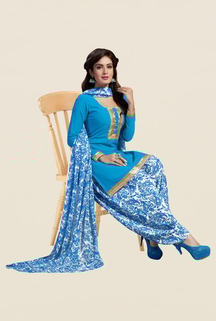 Salwar Studio Blue & White Synthetic Solid Dress Material Salwar Studio Blue & White Synthetic Solid Dress Material