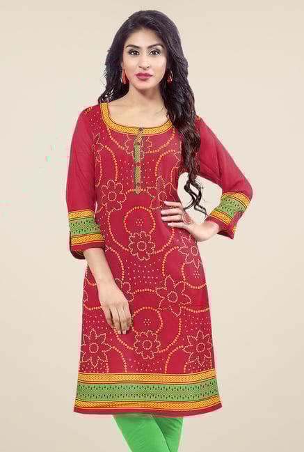 Salwar Studio Red Unstitched Bandhani Kurti Fabric Salwar Studio Red Unstitched Bandhani Kurti Fabric