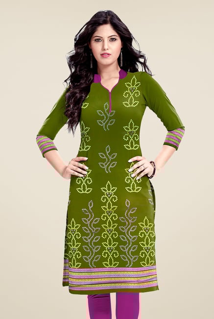 Salwar Studio Olive Unstitched Bandhani Kurti Fabric Salwar Studio Olive Unstitched Bandhani Kurti Fabric