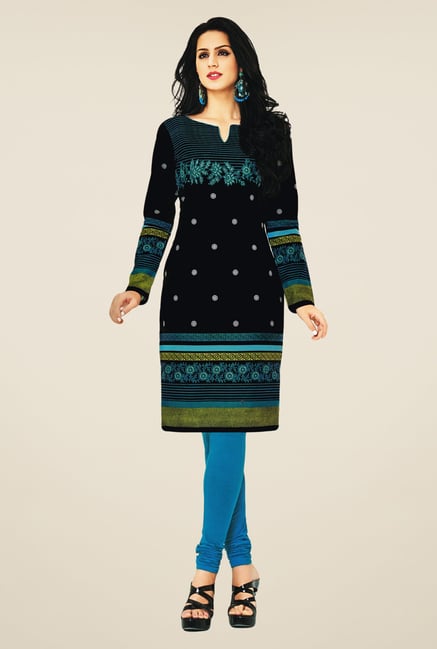 Salwar Studio Black & Blue Cotton Printed Unstitched Kurti Salwar Studio Black & Blue Cotton Printed Unstitched Kurti