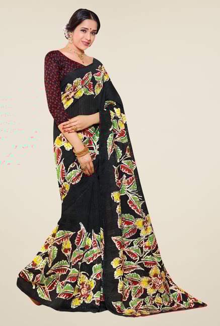 Salwar Studio Black Cotton Blend Floral Print Saree Salwar Studio Black Cotton Blend Floral Print Saree