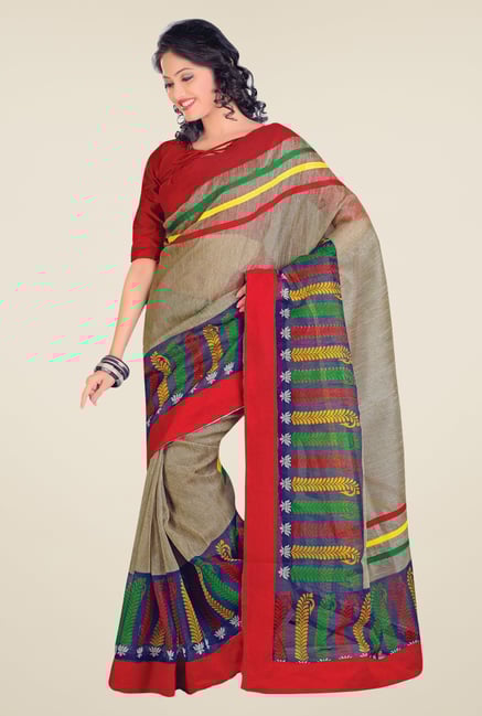 Salwar Studio Grey & Red Cotton Blend Floral Print Saree Salwar Studio Grey & Red Cotton Blend Floral Print Saree