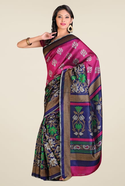 Salwar Studio Magenta & Blue Cotton Blend Floral Print Saree Salwar Studio Magenta & Blue Cotton Blend Floral Print Saree