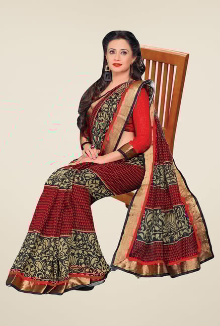 Salwar Studio Red & Black Cotton Blend Geometric Print Saree Salwar Studio Red & Black Cotton Blend Geometric Print Saree