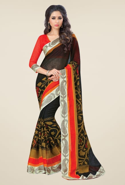 Salwar Studio Black Cotton Blend Floral Print Saree Salwar Studio Black Cotton Blend Floral Print Saree